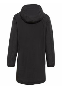 Schwarze, kapuzenjacke aus einem glatten, leichten Stoff. Verfügt über lange Ärmel und eine lockere Passform, die unterhalb der Hüften endet, ohne sichtbare Verschlüsse.