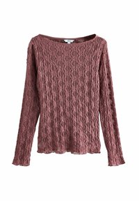 Kant lange mouwen top in een stoffige rozenkleur, met een brede halslijn, een textuur met bloemmotieven en een losse pasvorm met een scalloped rand.