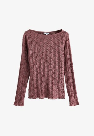 Kohvikarva pitsist pikkade varrukatega topp, millel on avar kaelus, tekstuuriga lillemuster ja lõtv lõige koos lainelise äärisega.