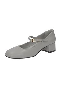Chaussure Mary Jane en cuir gris avec un bout arrondi, un petit talon carré et une sangle ajustable ornée d'une boucle en ton doré.