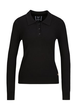 Schwarzes Langarm-Poloshirt mit klassischem Kragen, drei-Knopf-Leiste und geripptem Saum. Enthält ein kleines goldenes Akzentlogo an der Seite.