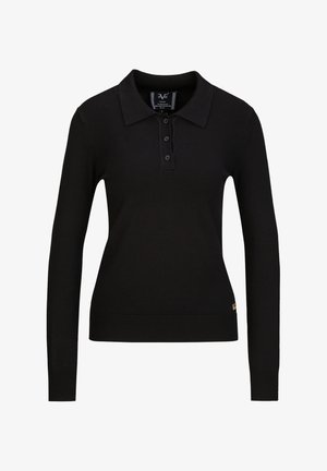 Black long-sleeve polo shirt with a classic collar, three-button placket, and ribbed hem. Features a small gold accent logo on the side.