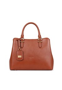 Borsa in pelle marrone con manici arrotondati, hardware dorato, un'etichetta staccabile e una superficie liscia. Caratterizzata da una forma strutturata con un marchio sottile.