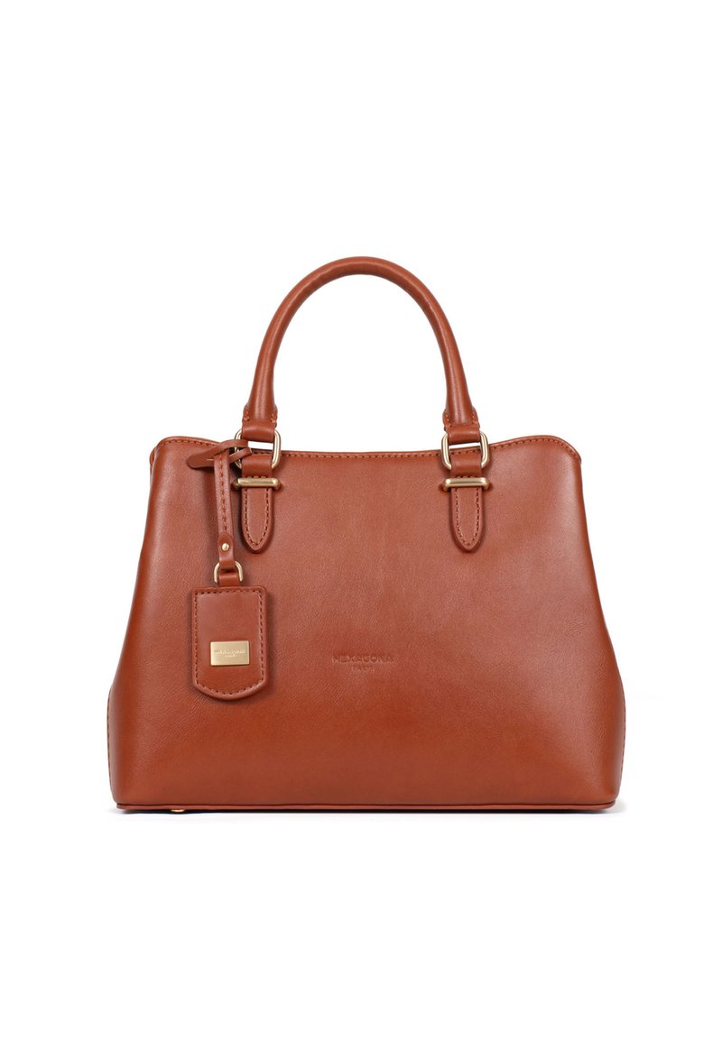 Borsa in pelle marrone con manici arrotondati, hardware dorato, un'etichetta staccabile e una superficie liscia. Caratterizzata da una forma strutturata con un marchio sottile.