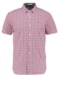 Camicia a maniche corte con bottoni caratterizzata da un motivo a quadri rosa, blu navy e bianco. Realizzata in tessuto leggero, con colletto e taschino frontale.