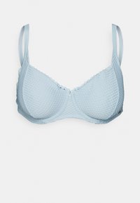 Sutiã azul claro com padrão texturizado em colmeia; renda ao longo das bordas; alças ajustáveis; suporte com aros; acabamento em tecido suave.