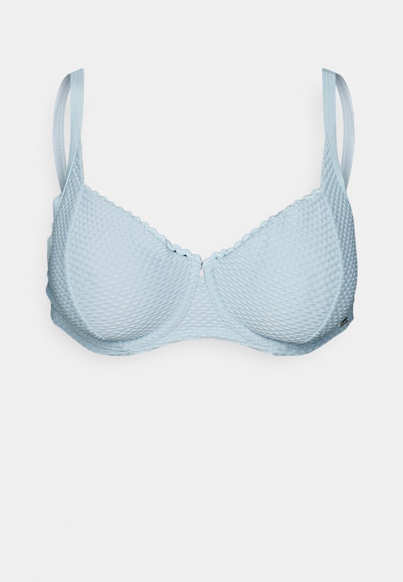 Sutiã azul claro com padrão texturizado em colmeia; renda ao longo das bordas; alças ajustáveis; suporte com aros; acabamento em tecido suave.