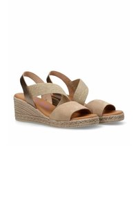 Cuñas de esparto beige con tiras cruzadas; parte superior de ante, acentos elásticos, suela de yute trenzado, diseño de puntera abierta, aproximadamente 5 cm de tacón.