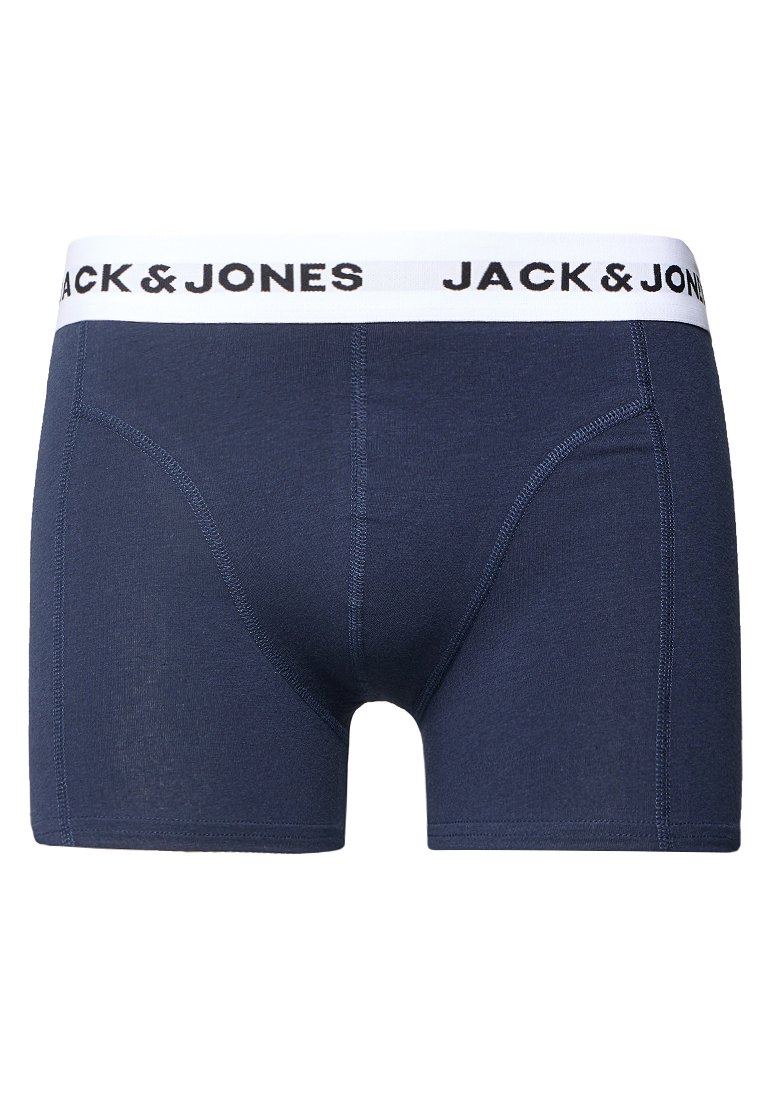 Boxer da uomo blu navy con elastico bianco, caratterizzato dal marchio "JACK & JONES" in lettere nere.