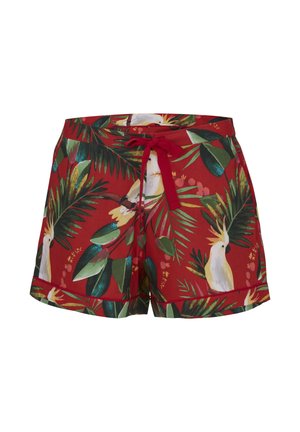 Czerwone spodenki z sznurkiem i nadrukiem białego kakadu oraz zielonych tropikalnych liści.