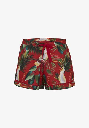 Czerwone spodenki z sznurkiem i nadrukiem białego kakadu oraz zielonych tropikalnych liści.