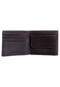 Portefeuille en cuir marron avec plusieurs emplacements pour cartes, une poche zippée et une poche à rabat à l'avant. Extérieur texturé avec des coutures visibles.