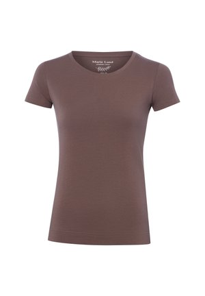 Slim Fit Damen-T-Shirt mit kurzen Ärmeln in unifarbenem, gedämpftem Braun, Rundhalsausschnitt, aus hochwertiger Baumwolle gefertigt.