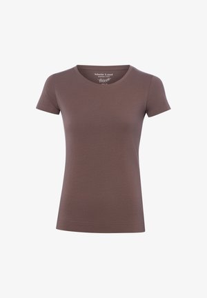 Slim fit short-sleeve women's t-shirt in solid muted brown, round neckline, made of premium cotton.