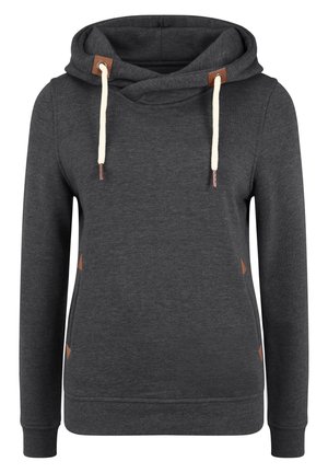 Gray hoodie with a cozy hood, cream drawstrings, and brown leather accents on the sides. Soft fabric with ribbed cuffs and hem.