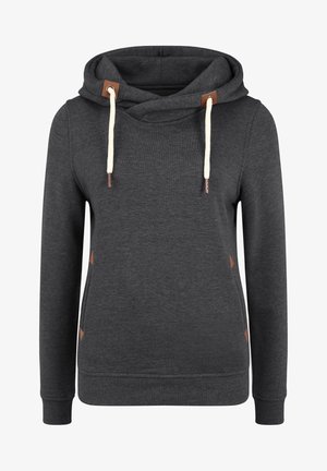 Gray hoodie with a cozy hood, cream drawstrings, and brown leather accents on the sides. Soft fabric with ribbed cuffs and hem.