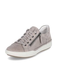 Gray suede sneaker with a white textured sole, featuring laces, a side zipper, and minimal stitching accents.