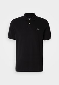 Polo en noir fait de coton doux, avec un col à trois boutons, des manches courtes et un petit logo brodé sur la poitrine.