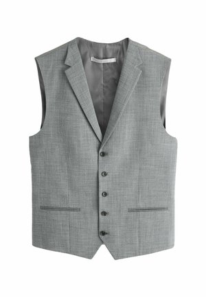 Hihaton harmaa juhlivesti joissa on lovikaulus, viisi etunappia ja kaksi vaakasuuntaista etutaskua, esitetty valkoisella taustalla.