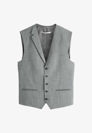 Varrukateta hall formaalne vest haralise kraega, viie ees nupu ja kahe horisontaalse eesmise taskuga, valgel taustal.