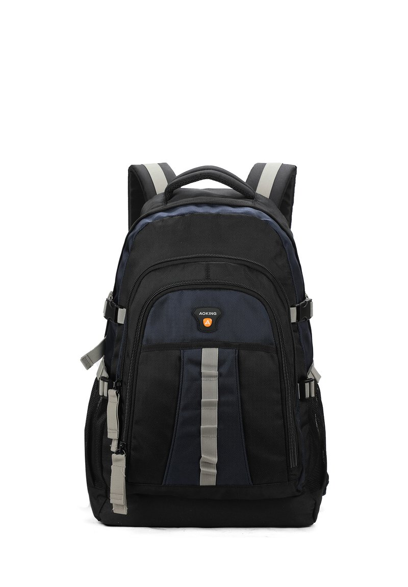 Zaino nero e blu con dettagli grigi, molteplici scomparti con zip, spallacci imbottiti e maniglia superiore per il trasporto.