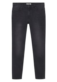 Černé slim fit džíny s pěti kapsami, zapínáním na knoflík a mírným vyblednutím na stehnech, položené na bílé pozadí.