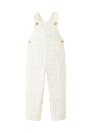 Salopette pour enfant de couleur crème avec fines rayures verticales et petits motifs en forme de cœur, équipée de bretelles ajustables avec des boutons en bois.