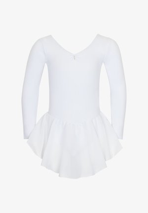 Weißer Langarmanzug mit V-Ausschnitt, ausgestattet mit einem gefälteten Rock und einem dekorativen Juwelakzent in der Mitte vorne, aus glattem Material gefertigt.