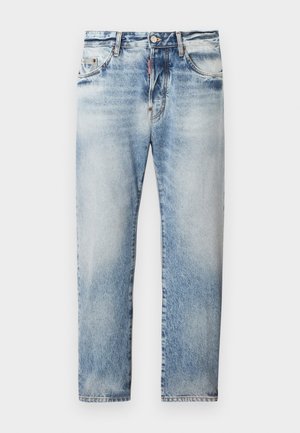 Jean droit pour homme, bleu clair délavé, avec cinq poches et une fermeture par bouton à la taille