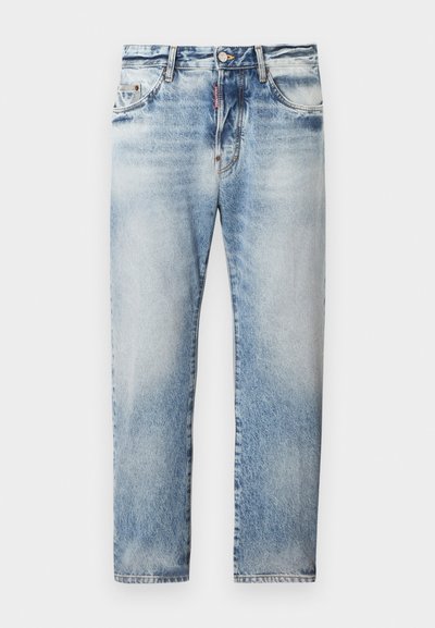 Jean droit pour homme, bleu clair délavé, avec cinq poches et une fermeture par bouton à la taille