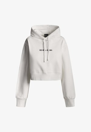 Bela skrajšana kapuca s kapuco na vezalko, rebrastimi manšetami in robom ter izvezeno oznako "RED BULL RACING" v črni barvi na sprednji strani.