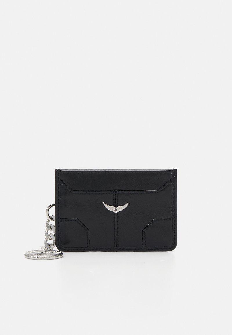 Black leather card wallet featuring a silver wing logo, chain detail, and geometric stitching on a smooth texture. Compact rectangular shape.