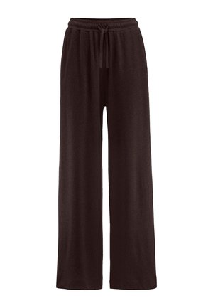 Schwarze Weitbein-Hose mit elastischem Bund und verstellbarem Kordelzug, aus weichem, strukturiertem Stoff.