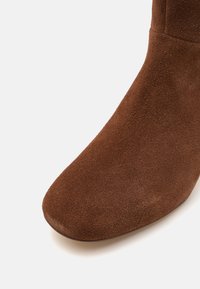 Stivale alla caviglia in suede marrone con punta rotonda e una texture liscia, caratterizzato da un design senza cuciture e senza hardware o dettagli visibili.