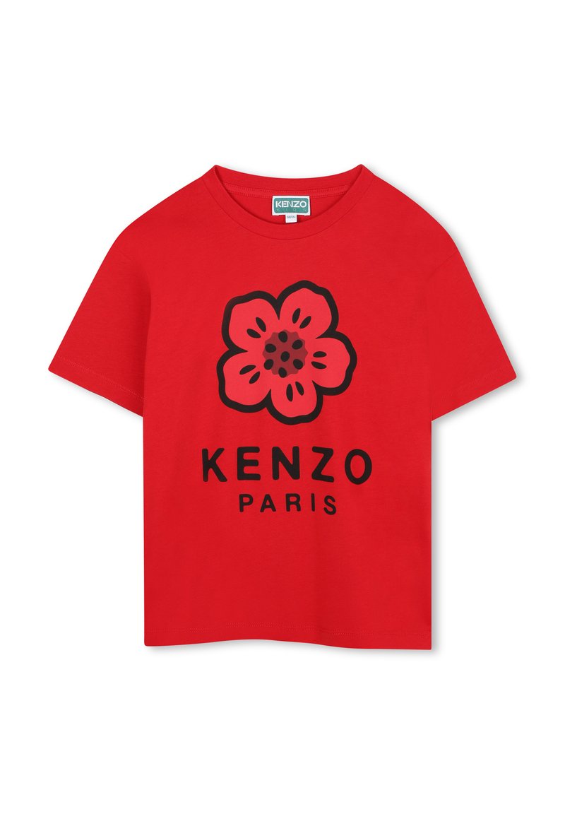 Czerona bawełniana koszulka z krótkim rękawem z czarnym graficznym motywem kwiatu oraz napisem "KENZO PARIS" poniżej. Okroundy dekolt.
