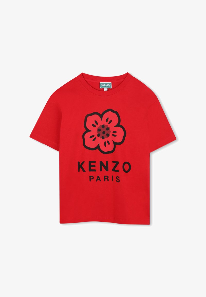 Czerona bawełniana koszulka z krótkim rękawem z czarnym graficznym motywem kwiatu oraz napisem "KENZO PARIS" poniżej. Okroundy dekolt.