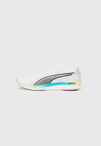 White athletic shoe with a sleek design, featuring a breathable mesh upper, black and blue accents, and a lightweight sole with a yellow heel.