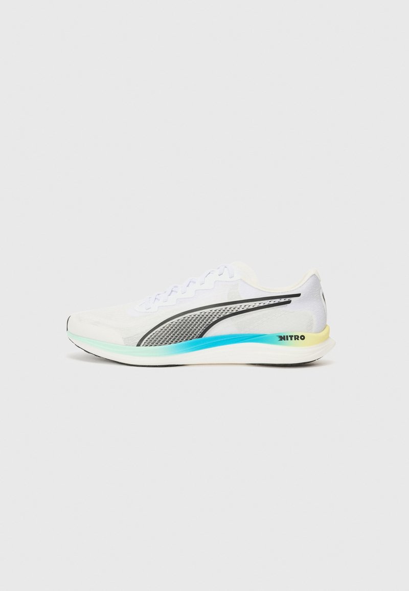 White athletic shoe with a sleek design, featuring a breathable mesh upper, black and blue accents, and a lightweight sole with a yellow heel.