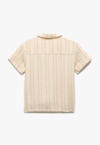 Korte mouwen shirt in crème met een textuurstof, voorzien van verticale oranje strepen. Met knoopsluiting bij de kraag en een rugpand met een rechte zoom.