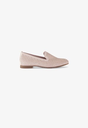 Pink woven slip-on shoe with a textured upper, smooth accent at the heel, and flat sole. Features a V-shaped opening for easy wear.