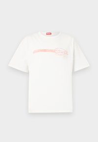White cotton t-shirt with a loose fit, featuring a pink and yellow graphic logo design at the chest area. Classic crew neckline, short sleeves.
