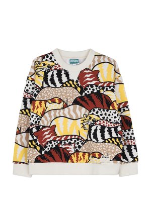 Sweatshirt avec motif abstrait coloré de plusieurs chats endormis en jaune, rouge, noir, beige et blanc, avec poignets et ourlet côtelés.