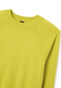 Maglione verde lime con collo rotondo, realizzato in tessuto morbido. Presenta maniche raglan e polsini a coste. Texture liscia, con dettagli minimi.