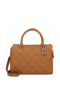 Sac à main matelassé beige avec double poignées, bandoulière amovible, accents métalliques et détail de logo. Motif texturé sur l'ensemble.