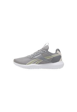 Lekki, szary but do biegania marki Reebok z białą podeszwą i jasnobeżowymi akcentami, pokazany z boku na białym tle.