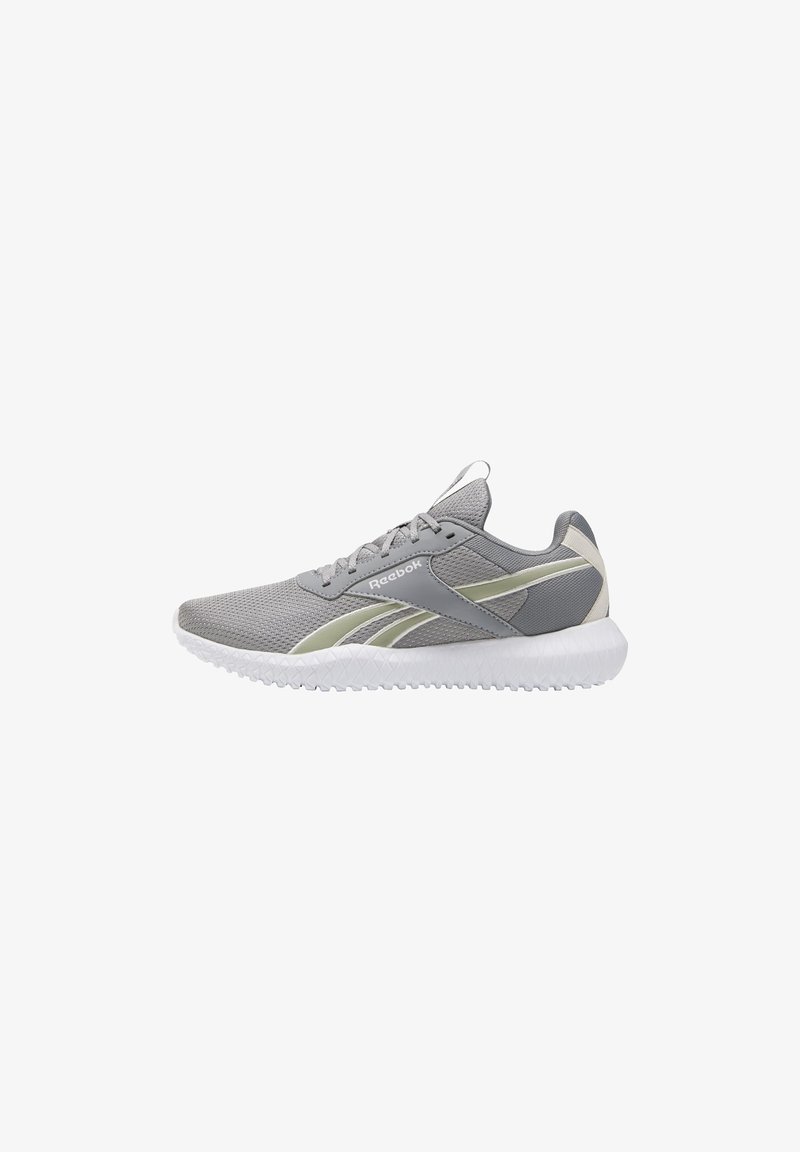 Chaussure de running légère grise Reebok avec semelle blanche et accents beige clair, présentée en vue latérale sur fond blanc.