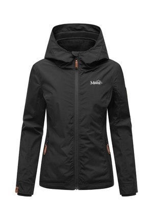 Black hooded softshell jacket with full front zipper, two zippered side pockets, and a small white logo on the left chest.