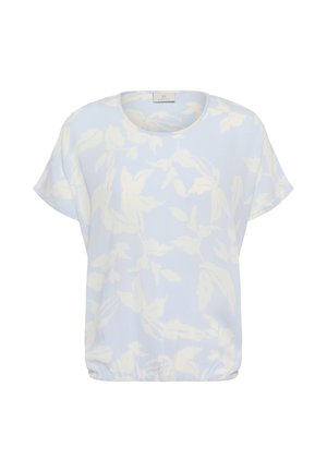Lyseblå bluse med korte ærmer og hvidt blomsterprint, rund halsudskæring og elastisk kant.