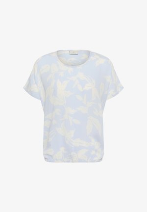 Lyseblå bluse med korte ærmer og hvidt blomsterprint, rund halsudskæring og elastisk kant.