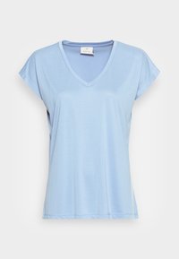 T-shirt azzurro chiaro con scollatura a V e maniche corte, realizzato in tessuto morbido. Presenta una vestibilità rilassata e una trama liscia. Etichetta sul colletto.